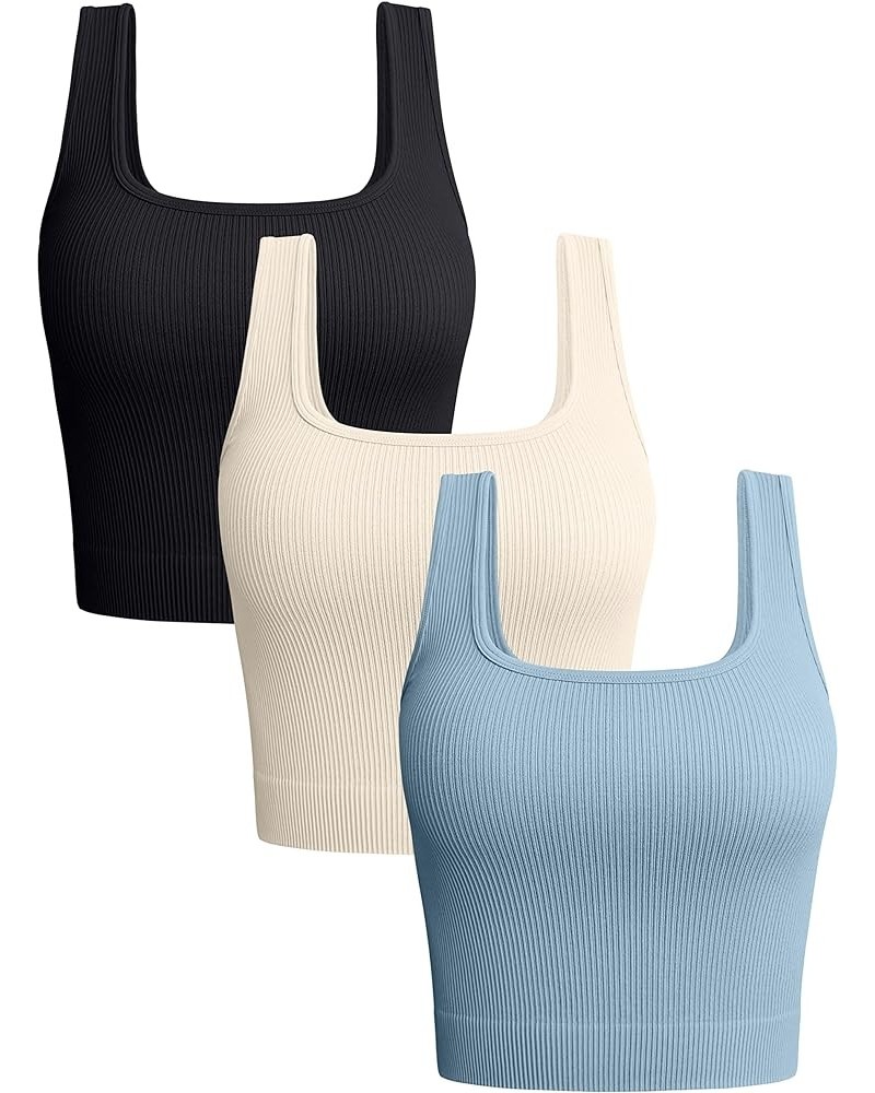 Women's 3 Piece Tank Tops Ribbed Seamless Workout Exercise Shirts Yoga Crop Tops Black Beige Blue $14.00 Activewear