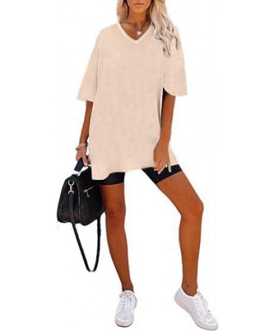 Women's Casual Solid Crewneck Short Sleeve Oversized T Shirt Drop Shoulder Tops Milk Tea $12.82 Tops