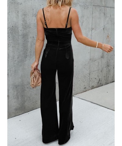 Sleeveless Velvet Jumpsuits For Women V Neck Spaghetti Straps Wide Leg Long Pants Dressy Rompers Winter Overalls S-XL Velvet ...