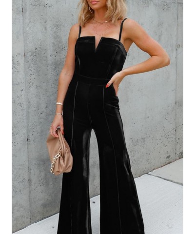 Sleeveless Velvet Jumpsuits For Women V Neck Spaghetti Straps Wide Leg Long Pants Dressy Rompers Winter Overalls S-XL Velvet ...