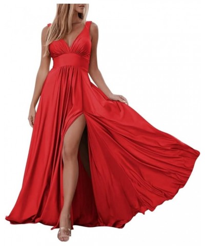 Satin Bridesmaid Dresses V-Neck with High Slit Sexy Prom Dresses Long for Wedding Party Red $34.56 Dresses