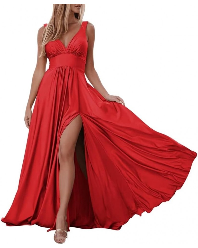 Satin Bridesmaid Dresses V-Neck with High Slit Sexy Prom Dresses Long for Wedding Party Red $34.56 Dresses