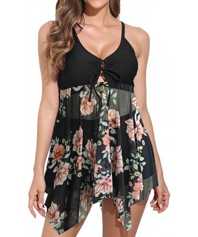 Women's Swimdress Swimsuits 2 Piece Floral V Neck Mesh Flowy Full Coverage Bathing Suit Black $18.33 Swimsuits