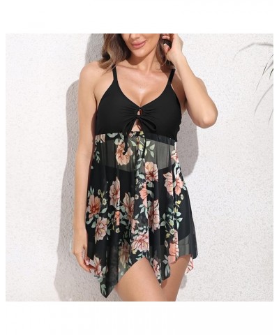 Women's Swimdress Swimsuits 2 Piece Floral V Neck Mesh Flowy Full Coverage Bathing Suit Black $18.33 Swimsuits