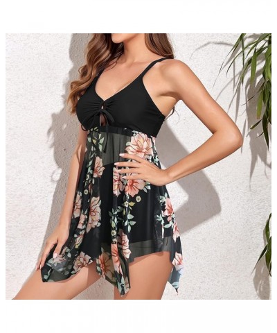 Women's Swimdress Swimsuits 2 Piece Floral V Neck Mesh Flowy Full Coverage Bathing Suit Black $18.33 Swimsuits