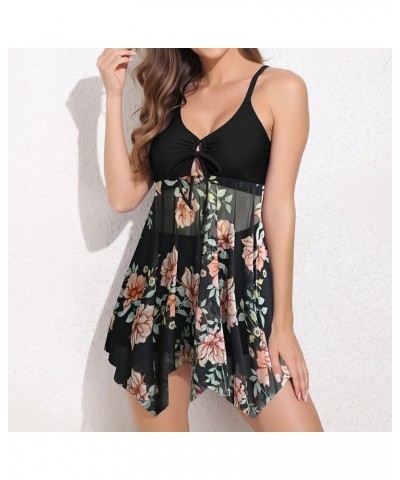 Women's Swimdress Swimsuits 2 Piece Floral V Neck Mesh Flowy Full Coverage Bathing Suit Black $18.33 Swimsuits