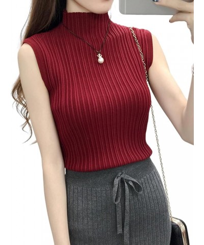 Womens Vest Fashion Half high Neck Sleeveless Knit Ribbed Tank Top for Women Half Turtleneck Sleeveless T Shirt Wine Red $14....