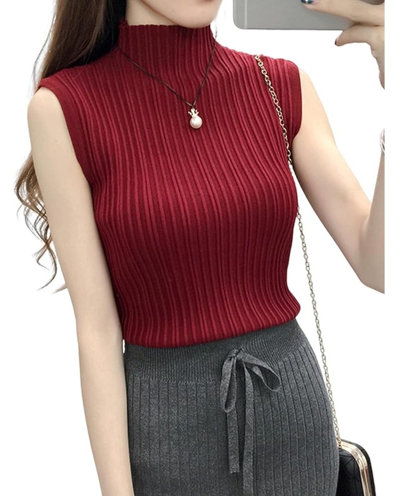 Womens Vest Fashion Half high Neck Sleeveless Knit Ribbed Tank Top for Women Half Turtleneck Sleeveless T Shirt Wine Red $14....