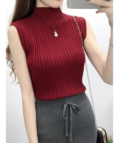 Womens Vest Fashion Half high Neck Sleeveless Knit Ribbed Tank Top for Women Half Turtleneck Sleeveless T Shirt Wine Red $14....