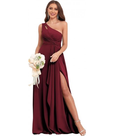 Chiffon One Shoulder Bridesmaid Dresses for Women Wedding 2024 Long Ruffles Formal Evening Party Dress with Slit Burgundy $16...