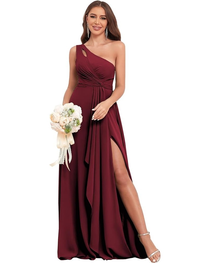 Chiffon One Shoulder Bridesmaid Dresses for Women Wedding 2024 Long Ruffles Formal Evening Party Dress with Slit Burgundy $16...