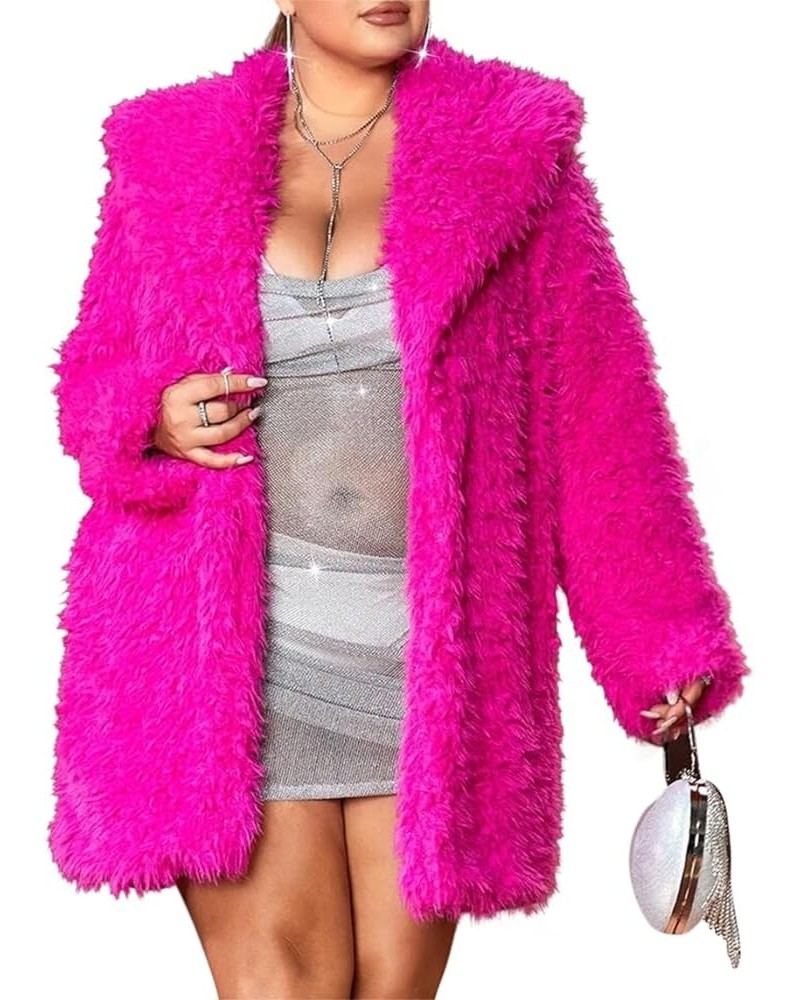 690 - Plus Size Open Front Statement Waterfall Collar Long Sleeves Fuzzy Coat Jacket Hot Pink Fuchsia Mid - Hot Pink $20.50 J...