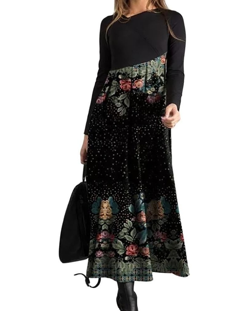 Women Vintage Ethnic Floral Printed Long Sleeve V Neck Dress Fall Winter Elegant Slim Fited High Waist A-Line Maxi Dresses Co...