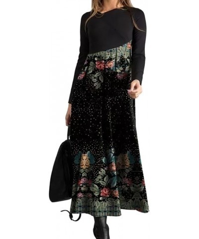 Women Vintage Ethnic Floral Printed Long Sleeve V Neck Dress Fall Winter Elegant Slim Fited High Waist A-Line Maxi Dresses Co...