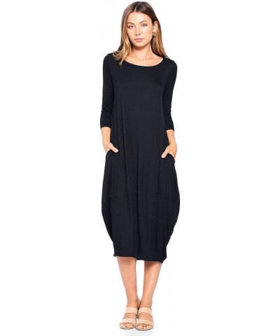 Solid 3/4 Sleeve Bubble Hem Pocket Midi Dress (S-3X) - Made in USA Black $17.04 Dresses