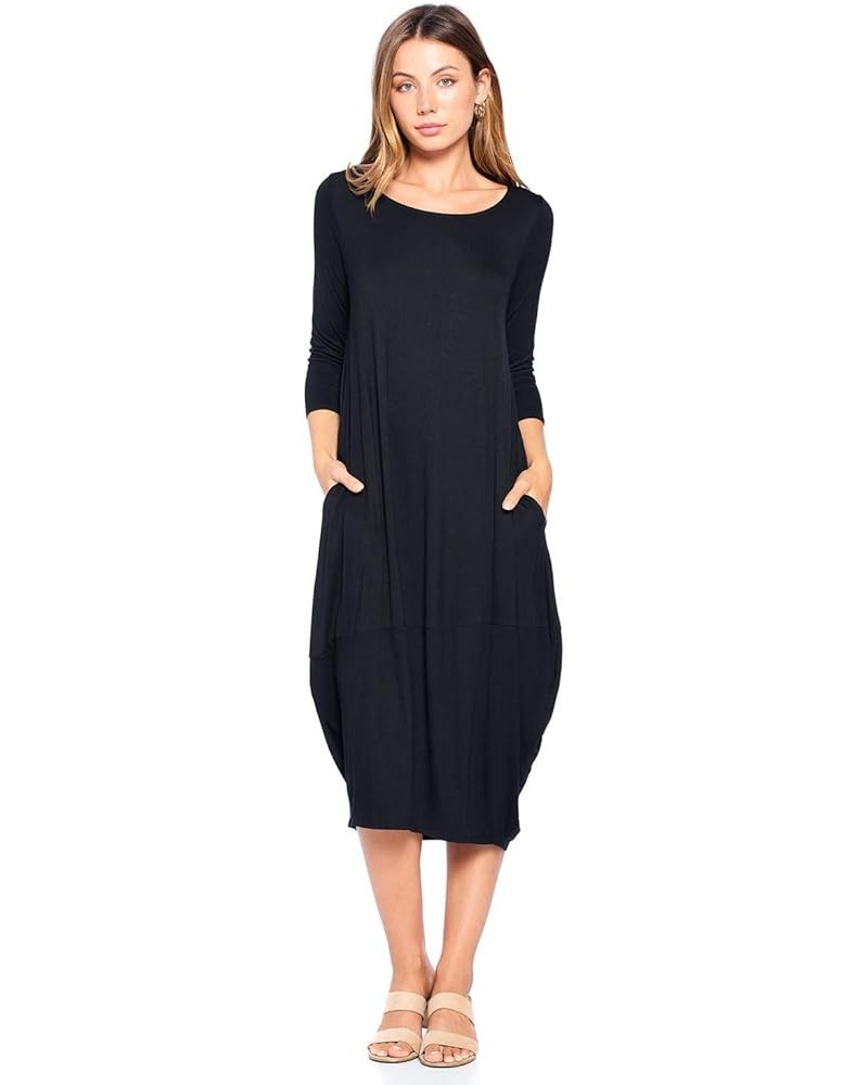 Solid 3/4 Sleeve Bubble Hem Pocket Midi Dress (S-3X) - Made in USA Black $17.04 Dresses