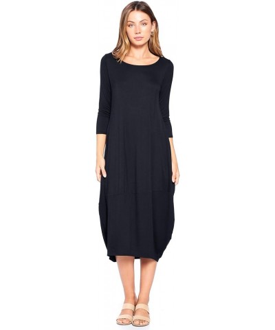 Solid 3/4 Sleeve Bubble Hem Pocket Midi Dress (S-3X) - Made in USA Black $17.04 Dresses