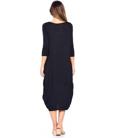 Solid 3/4 Sleeve Bubble Hem Pocket Midi Dress (S-3X) - Made in USA Black $17.04 Dresses