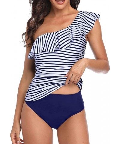 Women's Two Piece Swimsuits One Shoulder Tankini Tummy Control Bathing Suits Ruffle Swimwear Blue Stripe $17.02 Swimsuits