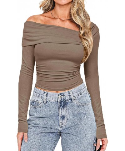 Off The Shoulder Top Long Sleeve Going Out Tops Sexy Spring Ruched Slim Fitted Shirt Asymmetrical Tops for Women Khaki $14.21...