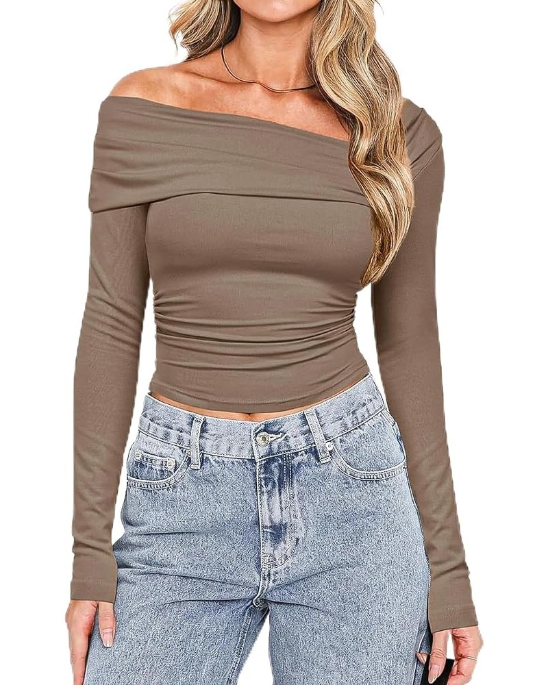 Off The Shoulder Top Long Sleeve Going Out Tops Sexy Spring Ruched Slim Fitted Shirt Asymmetrical Tops for Women Khaki $14.21...