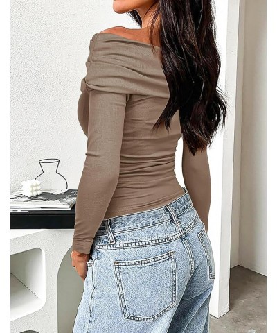 Off The Shoulder Top Long Sleeve Going Out Tops Sexy Spring Ruched Slim Fitted Shirt Asymmetrical Tops for Women Khaki $14.21...