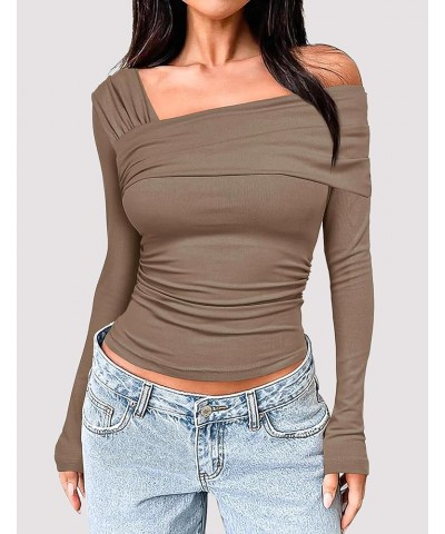 Off The Shoulder Top Long Sleeve Going Out Tops Sexy Spring Ruched Slim Fitted Shirt Asymmetrical Tops for Women Khaki $14.21...