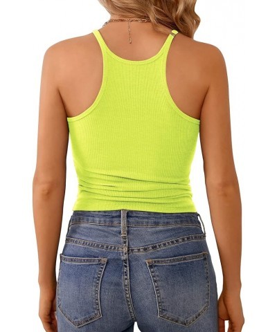 Womens Sleeveless Ribbed Fitted Tank Top Form Fitting Scoop Neck Basic Cami Shirts Cropped Neon Green $11.50 Tanks