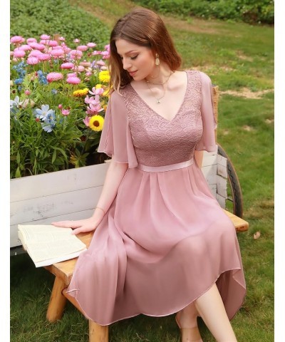 Women's Lace Formal Dresses for Teens Elegant V Neck Flutter Sleeve Hem Asymmetrical Cocktail Prom Dress Blush $28.41 Dresses