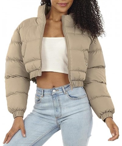 Womens Cropped Puffer Jacket Zip Up Long Sleeve Stand Collar Padded Winter Down Coat 02 Khaki $19.26 Jackets