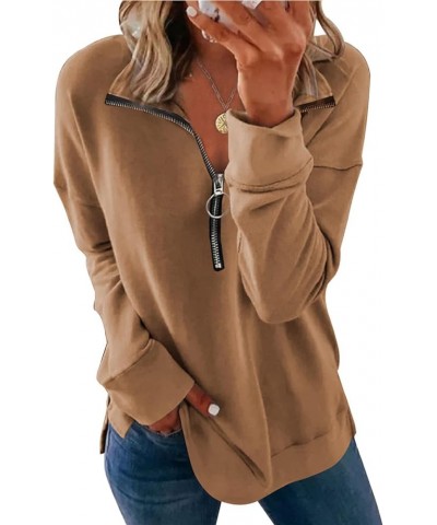 Women's Sweatshirt 1/4 Zip Pullover Long Sleeve Collar Sweatshirts Solid Activewear Running Jacket Sweatshirt Khaki $9.50 Shirts