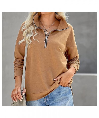 Women's Sweatshirt 1/4 Zip Pullover Long Sleeve Collar Sweatshirts Solid Activewear Running Jacket Sweatshirt Khaki $9.50 Shirts