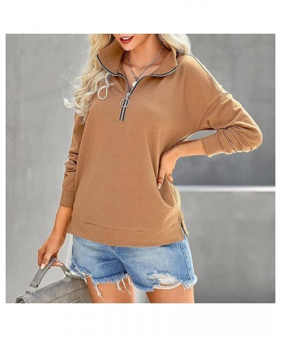 Women's Sweatshirt 1/4 Zip Pullover Long Sleeve Collar Sweatshirts Solid Activewear Running Jacket Sweatshirt Khaki $9.50 Shirts