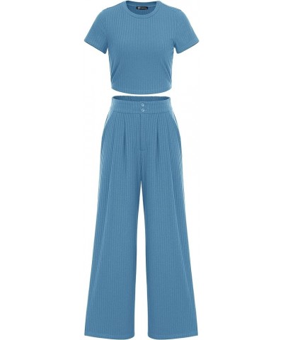 Women's Summer Knit 2 Piece Outfit Short Sleeve Crop Tee Tops Wide Leg Pants Set Tracksuit Loungewear Lake Blue $19.32 Active...