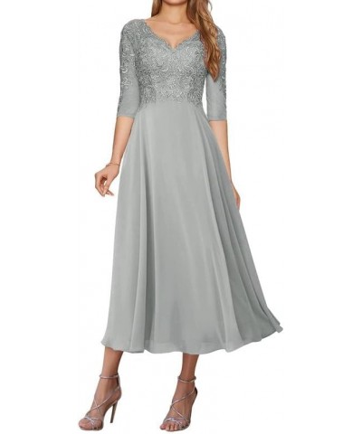 Mother of The Bride Dresses with Sleeves Lace Evening Gown Formal Dresses Tea Length Chiffon Silver $32.80 Dresses