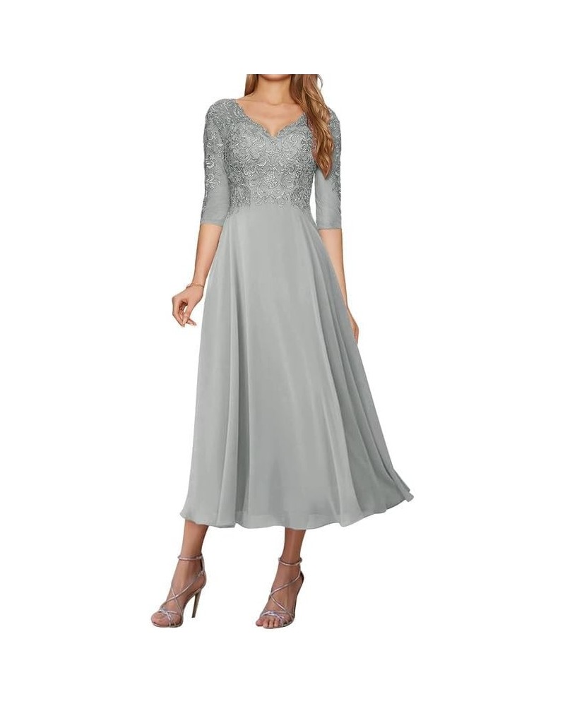 Mother of The Bride Dresses with Sleeves Lace Evening Gown Formal Dresses Tea Length Chiffon Silver $32.80 Dresses