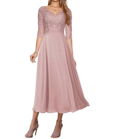 Mother of The Bride Dresses with Sleeves Lace Evening Gown Formal Dresses Tea Length Chiffon Silver $32.80 Dresses