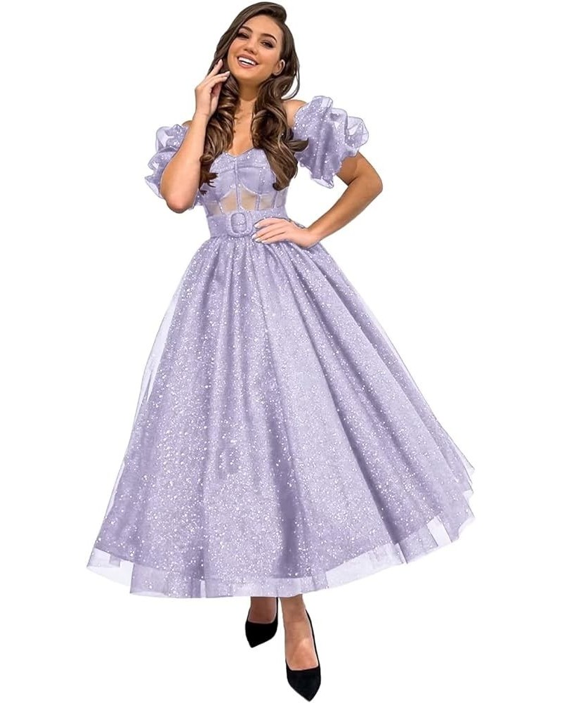 Women's Glitter Tulle Prom Dresses Tea Length Puffy Sleeve Off Shoulder Corset Formal Evening Party Ball Gowns Lilac $40.49 D...