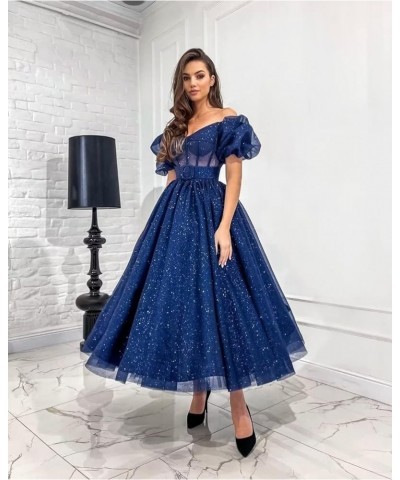 Women's Glitter Tulle Prom Dresses Tea Length Puffy Sleeve Off Shoulder Corset Formal Evening Party Ball Gowns Lilac $40.49 D...