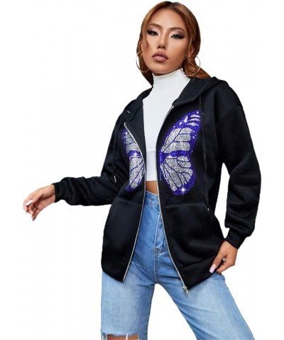 Women's Butterfly Print Drop Shoulder Zip Up Hoodie with Pockets Black $21.83 Hoodies & Sweatshirts
