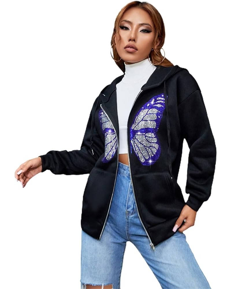 Women's Butterfly Print Drop Shoulder Zip Up Hoodie with Pockets Black $21.83 Hoodies & Sweatshirts