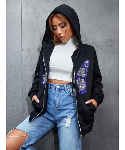 Women's Butterfly Print Drop Shoulder Zip Up Hoodie with Pockets Black $21.83 Hoodies & Sweatshirts