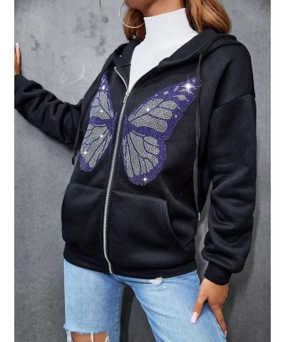 Women's Butterfly Print Drop Shoulder Zip Up Hoodie with Pockets Black $21.83 Hoodies & Sweatshirts