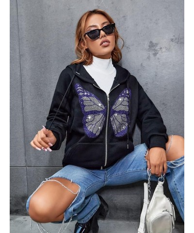 Women's Butterfly Print Drop Shoulder Zip Up Hoodie with Pockets Black $21.83 Hoodies & Sweatshirts