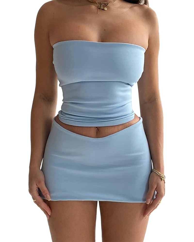 Women Sexy 2 Piece Skirt Set Low Cut Long Sleeve Bodycon Crop Tops Low Waist Wrap Mini Skirt Outfits Party Clubwear G Blue Tu...