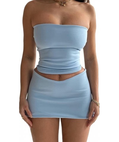 Women Sexy 2 Piece Skirt Set Low Cut Long Sleeve Bodycon Crop Tops Low Waist Wrap Mini Skirt Outfits Party Clubwear G Blue Tu...