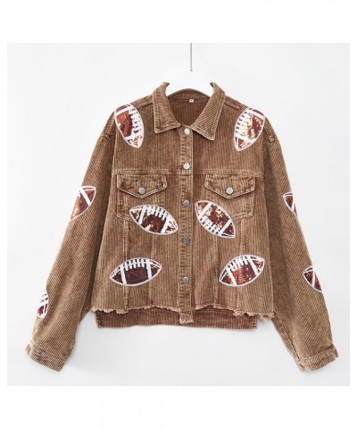 Women's Cropped Corduroy Jacket Football Sequin Patched Short Button Raw Hem Jacket Coat Brown $21.92 Jackets