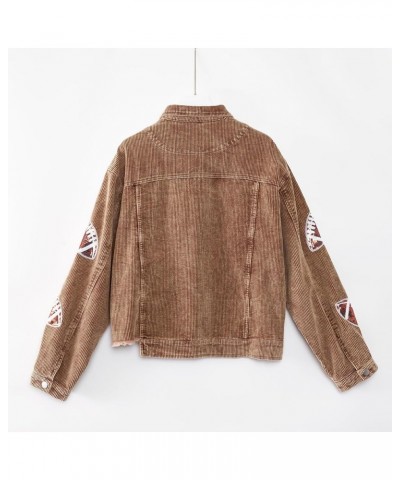 Women's Cropped Corduroy Jacket Football Sequin Patched Short Button Raw Hem Jacket Coat Brown $21.92 Jackets