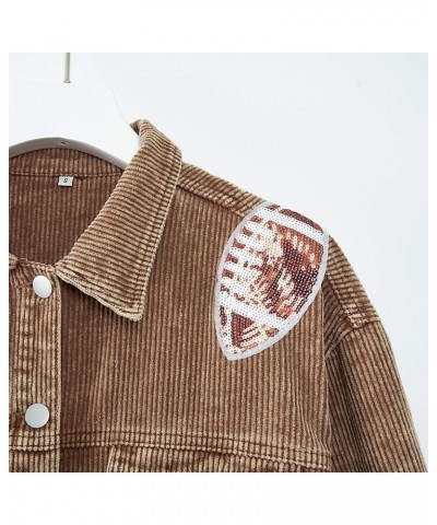 Women's Cropped Corduroy Jacket Football Sequin Patched Short Button Raw Hem Jacket Coat Brown $21.92 Jackets