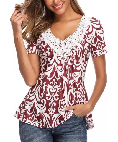 Tunic Tops for Women Deep V Neck Lace Ruched Front Ruffle Short Sleeves Peasant Blouse Pleated Shirts A-burgundy $12.60 Tops